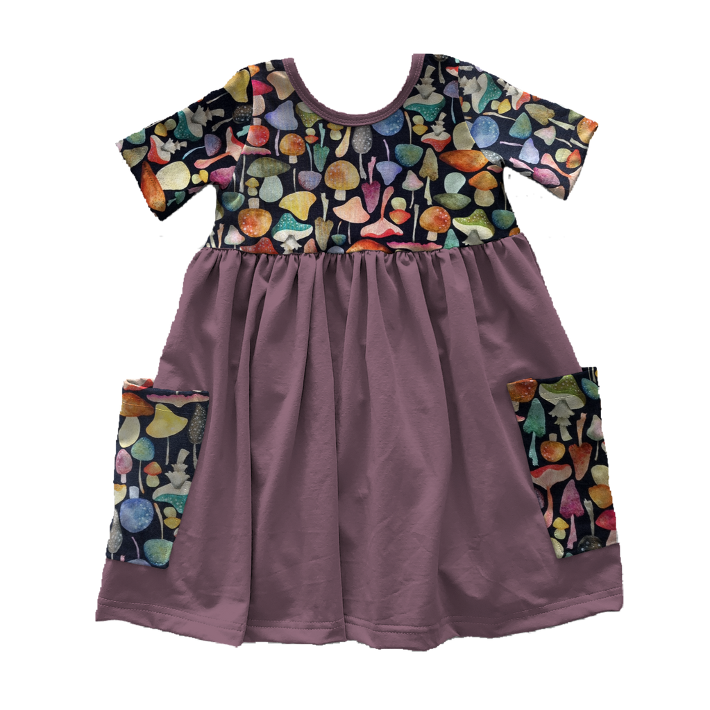 Childs Dress with short sleeves and Pockets, Hand painted Mushroom print bodice and gathered soft mushroom pink skirt
