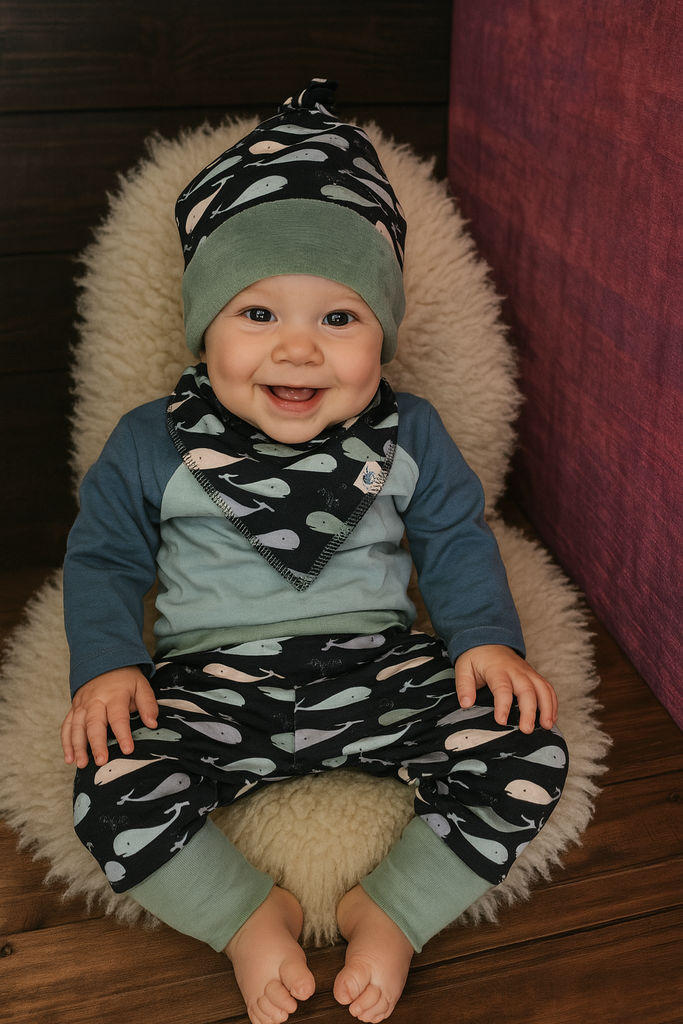 Whale Print Top Knot Hat .Baby wearing a blue Whale Print outfit with navy and Light Blue patterns, sitting on a wooden floor.