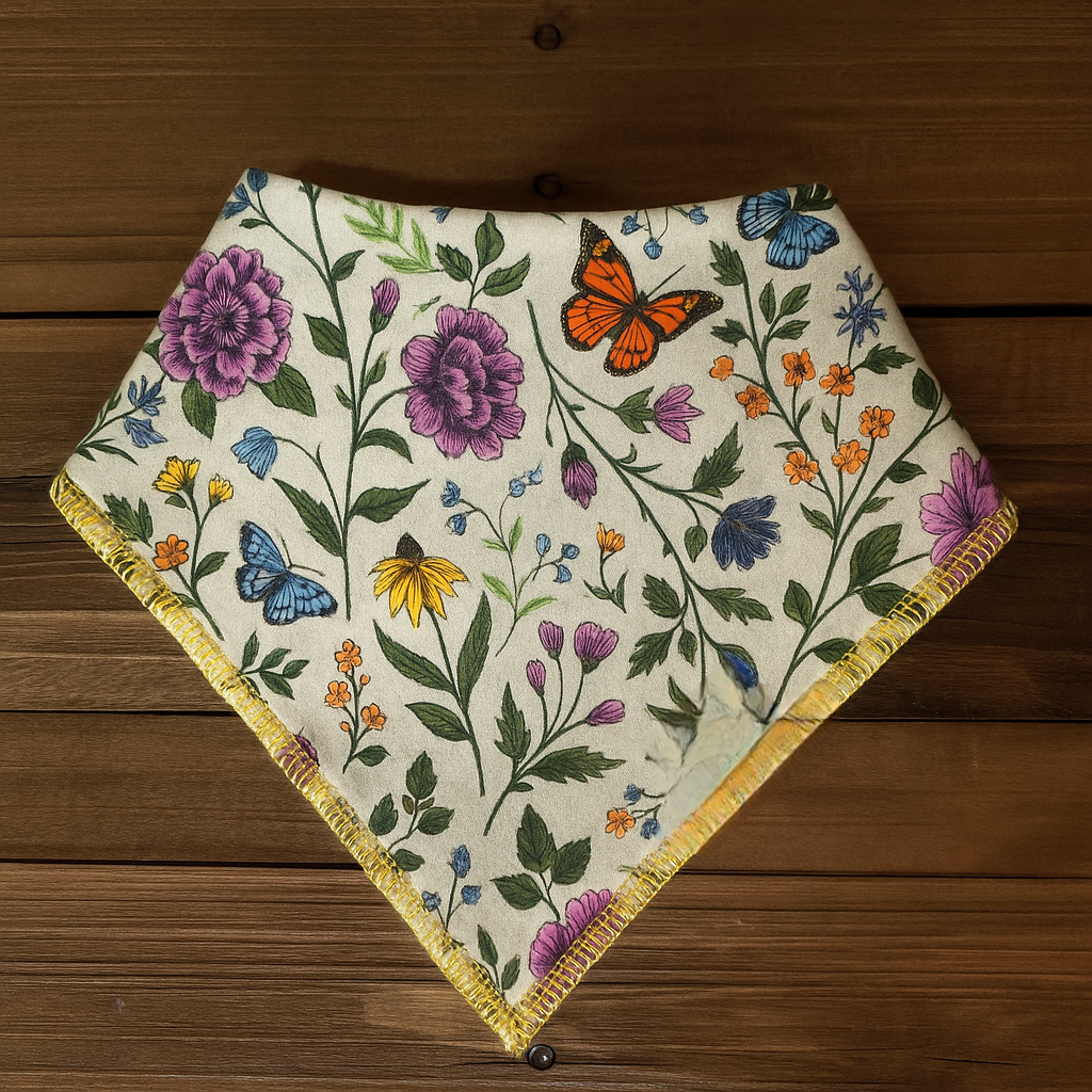
"Organic cotton bandanna bib with hand-drawn wildflower and butterfly print, featuring vibrant purple, orange, and yellow blooms on a paper white background."