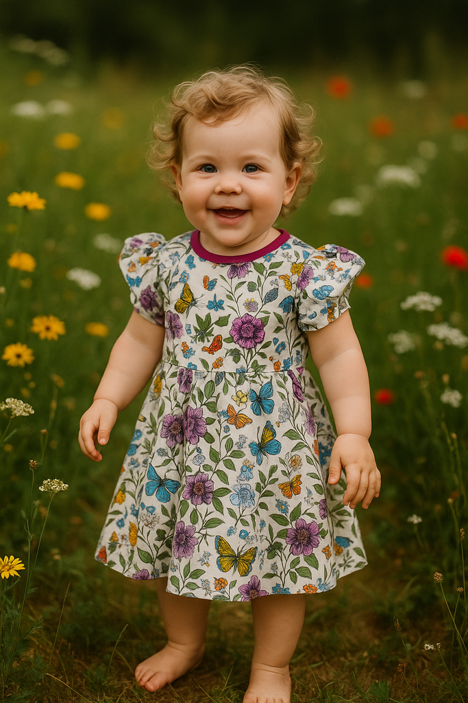 Organic cotton children's dress with hand-drawn wildflower print, flutter sleeves, and knee-length design by Cake & Elf