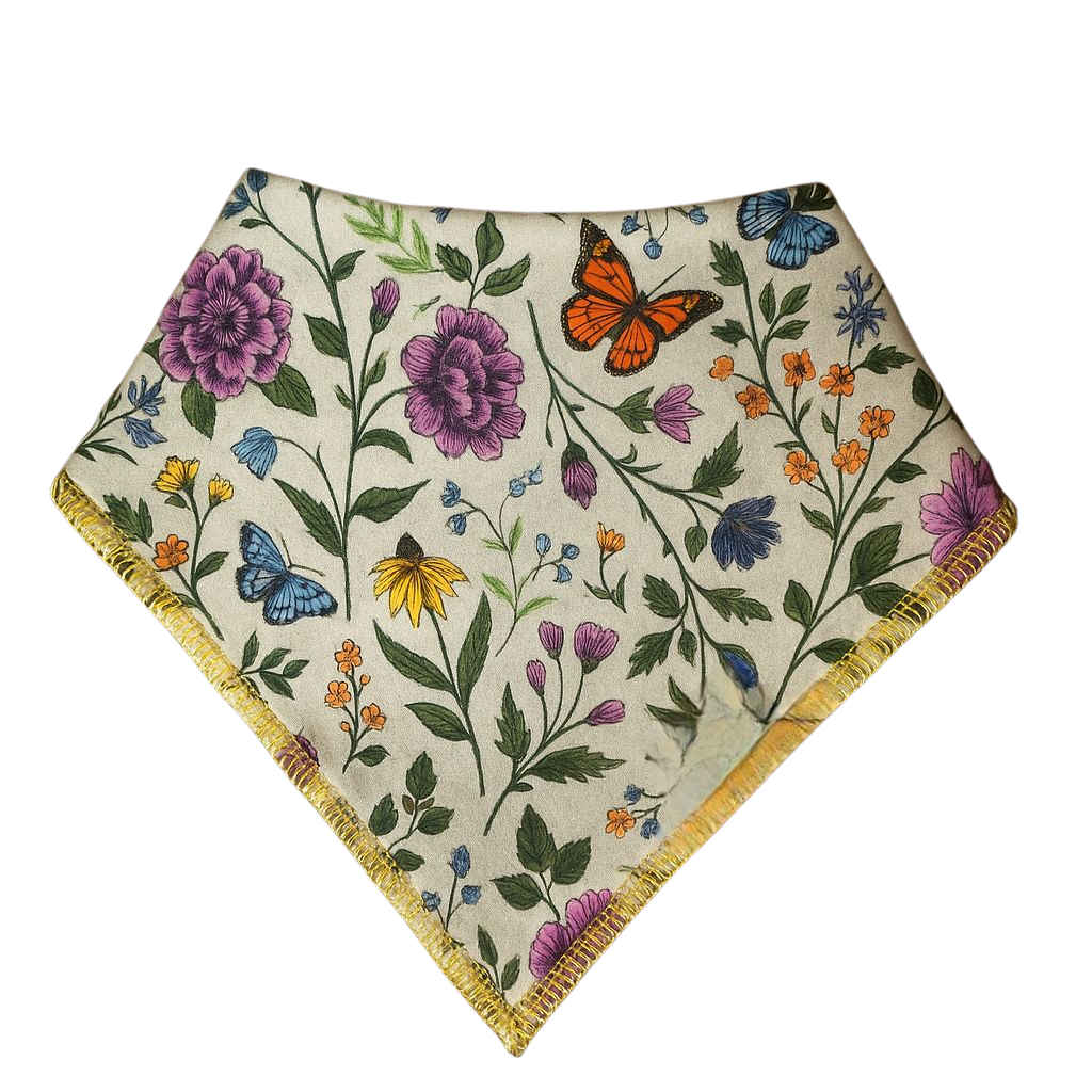 
"Organic cotton bandanna bib with hand-drawn wildflower and butterfly print, featuring vibrant purple, orange, and yellow blooms on a paper white background."
