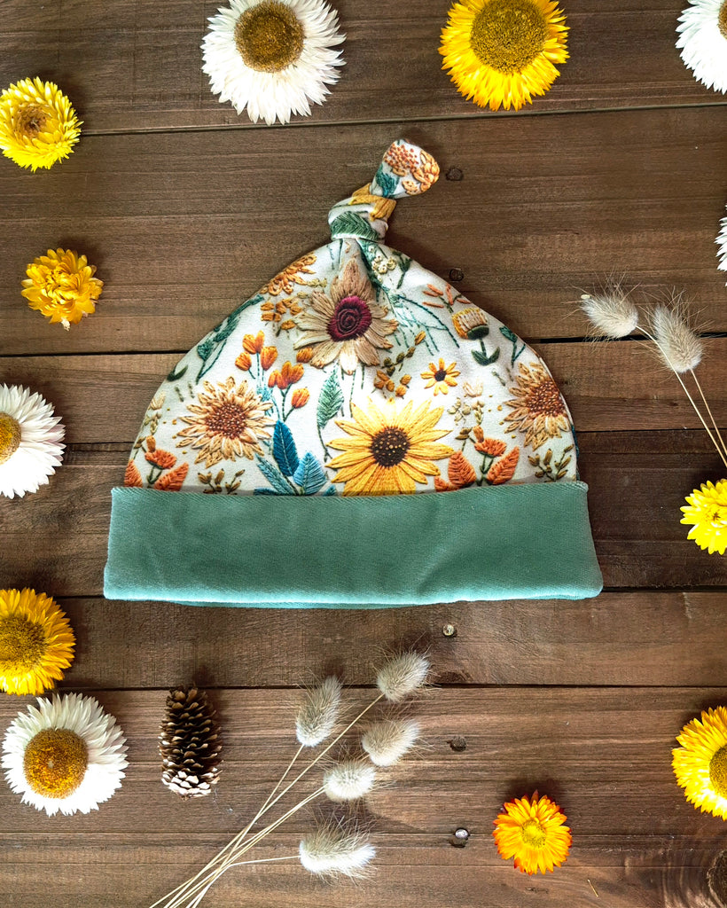 Sunflowers Top Knot Hat   0-6  months