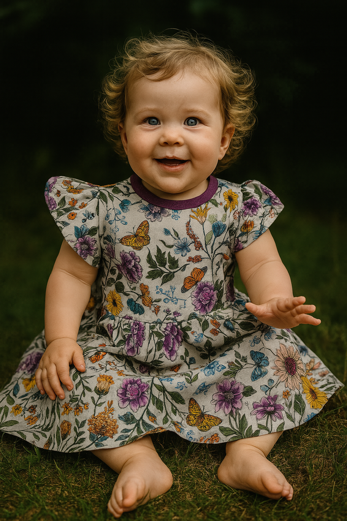 Organic cotton children's dress with hand-drawn wildflower print, flutter sleeves, and knee-length design by Cake & Elf